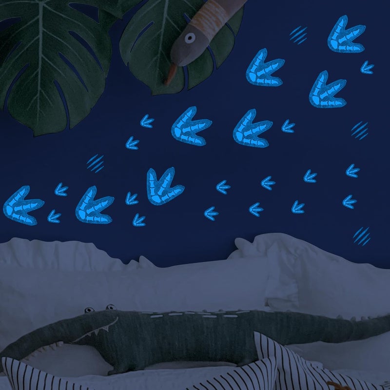 Robmoda Glow in The Dark Dinosaur Footprints Wall Decals, Peel and Stick Cute Dino Track Stickers for Kids, Removable Dinosaur Wall Stickers for Baby Nursery Bedroom (Blue) - Image 2